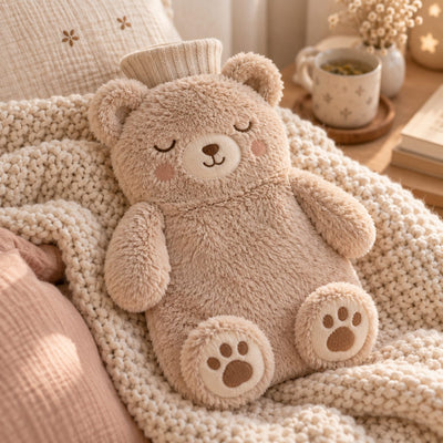 Bouillotte peluche ourson beige sur un plaid en maille