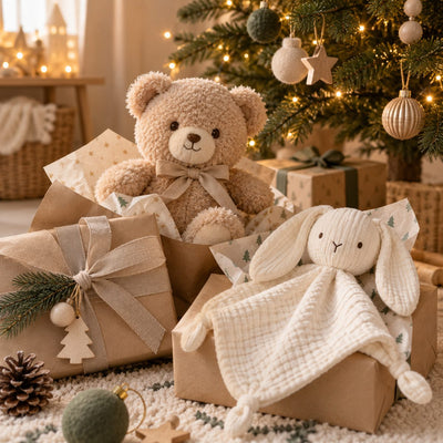 Peluche ourson et doudou lapin en cadeau de Noël au pied du sapin