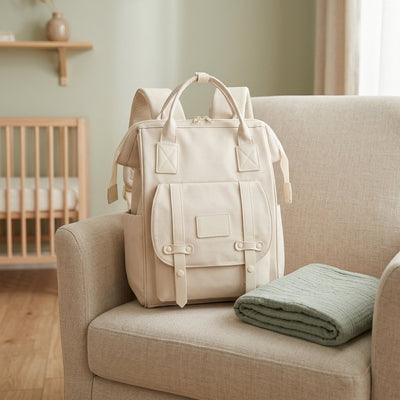 Sac à langer sac à dos crème à poche à rabat posé sur un fauteuil dans une chambre d'enfant