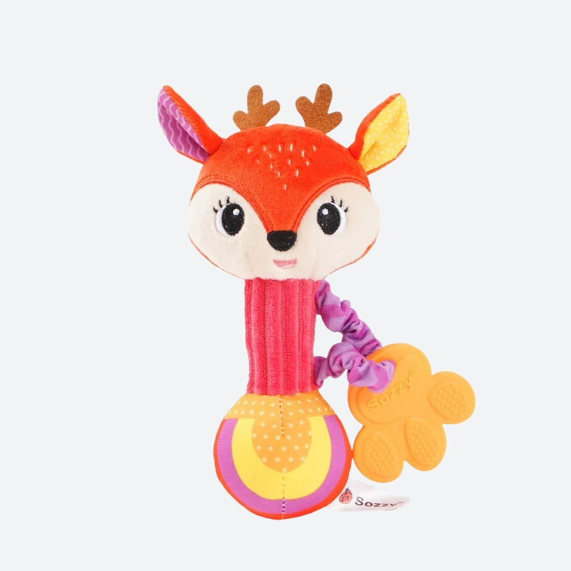 Doudou bébé cerf hochet orange rose violet blanc et jaune avec anneau de dentition jaune en forme de patte 