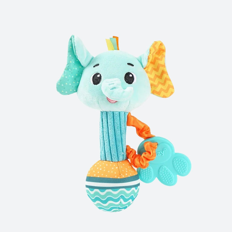Doudou Bébé éléphant Hochet - BATISTE hochet bleu blanc et orange à poids, rayures et  zigzag avec anneau de dentition bleu en forme de patte 