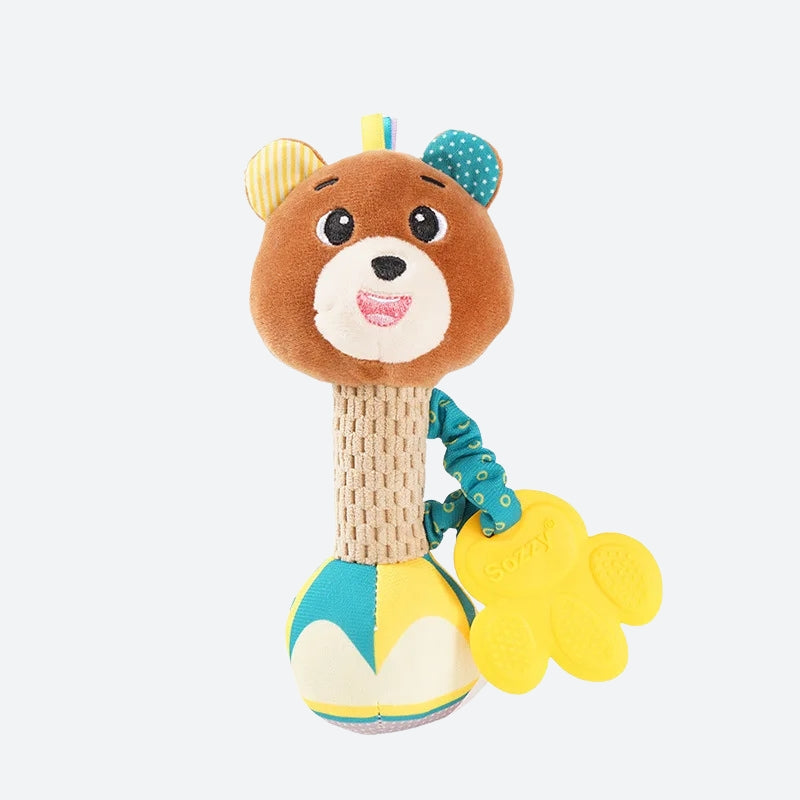 Doudou hochet ours souriant marron bleu et jaune avec motifs et anneau de dentition en forme de pattes jaune 