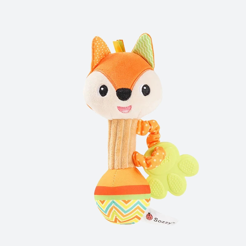Doudou bébé renard hochet - ROX hochet renard orange et blanc avec motifs poids et lignes vert jaune blanc et bleu avec anneau de dentition vert en forme de patte 