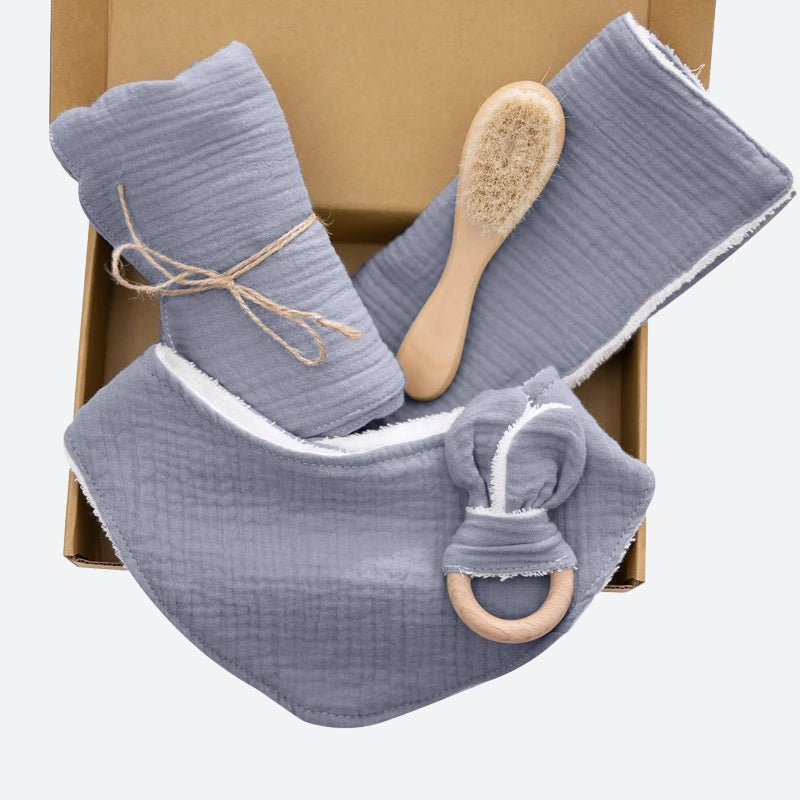 Coffret bébé - ALIX gris Bavoir en Gaze de Coton, Hochet en Gaze de Coton avec Anneau de Bois, Lange en Gaze de Coton, Petit Essuie en Gaze de Coton, Brosse en Bois : 15 x 4 cm,