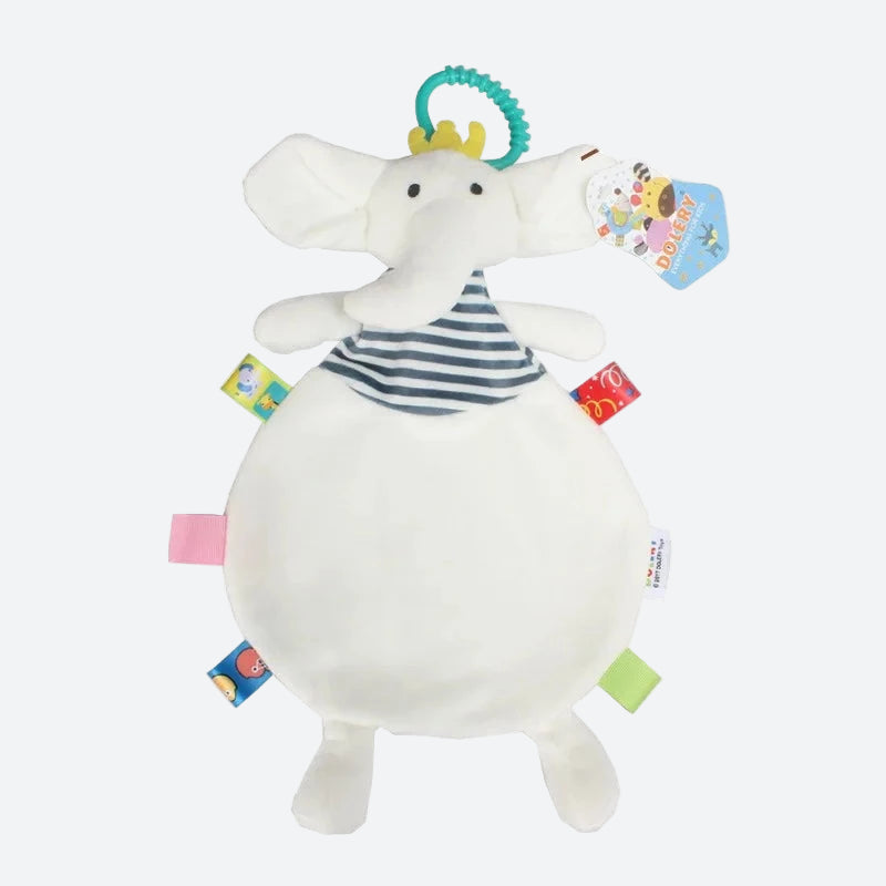 Doudou Éléphant blanc avec étiquettes et anneau  sur la tête 