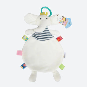 Doudou Éléphant blanc avec étiquettes et anneau  sur la tête 