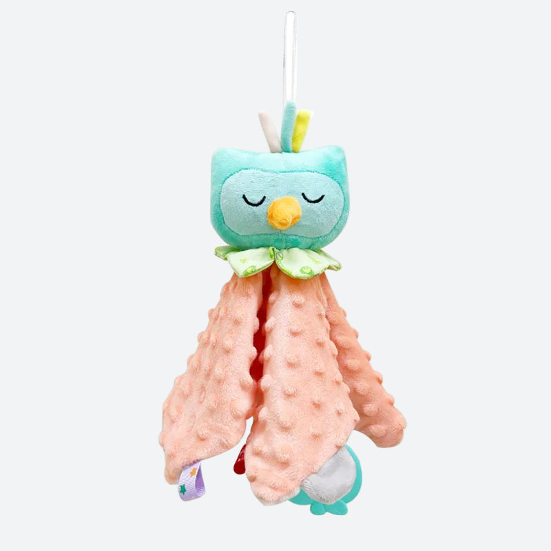 doudou hiboux carré rose à tête bleu et aux yeux fermés
