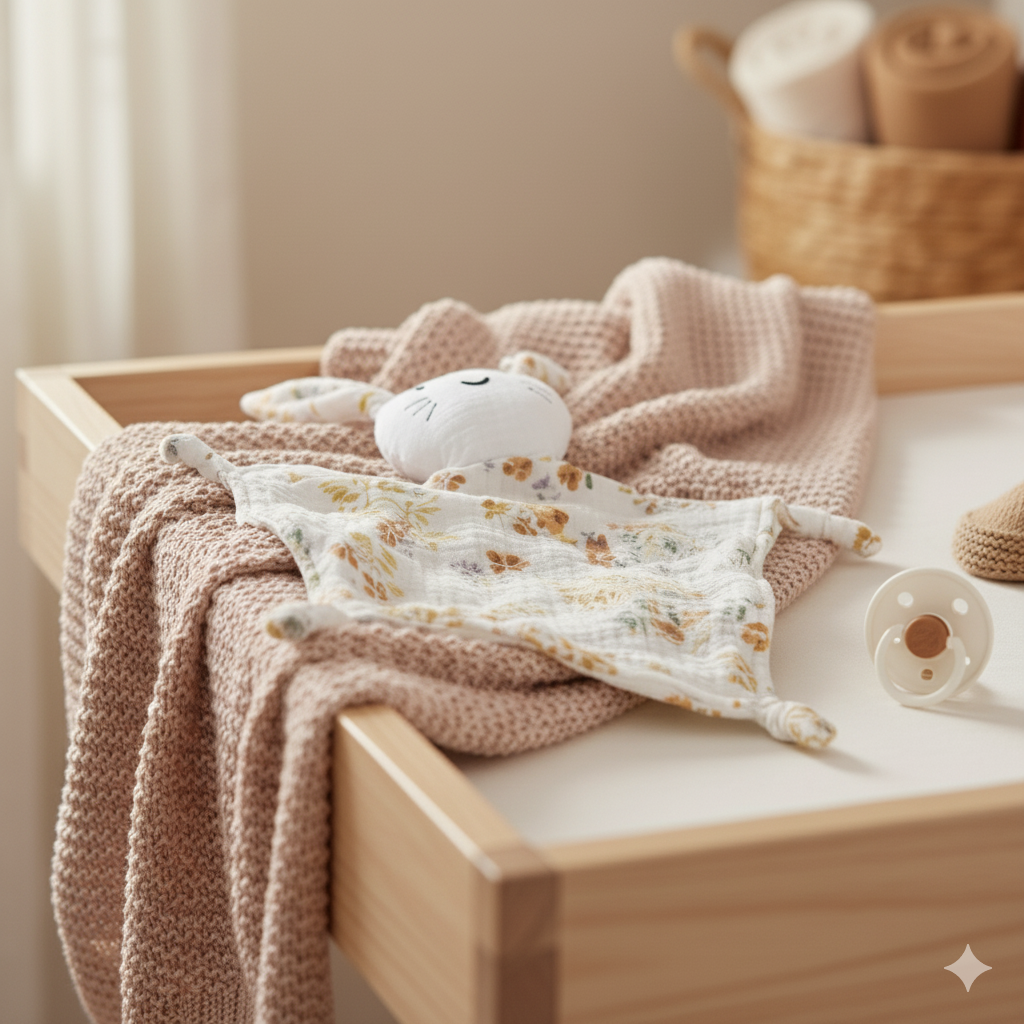 Doudou Lapin Mousseline Fleurie Oreilles Douces - Capucine Image