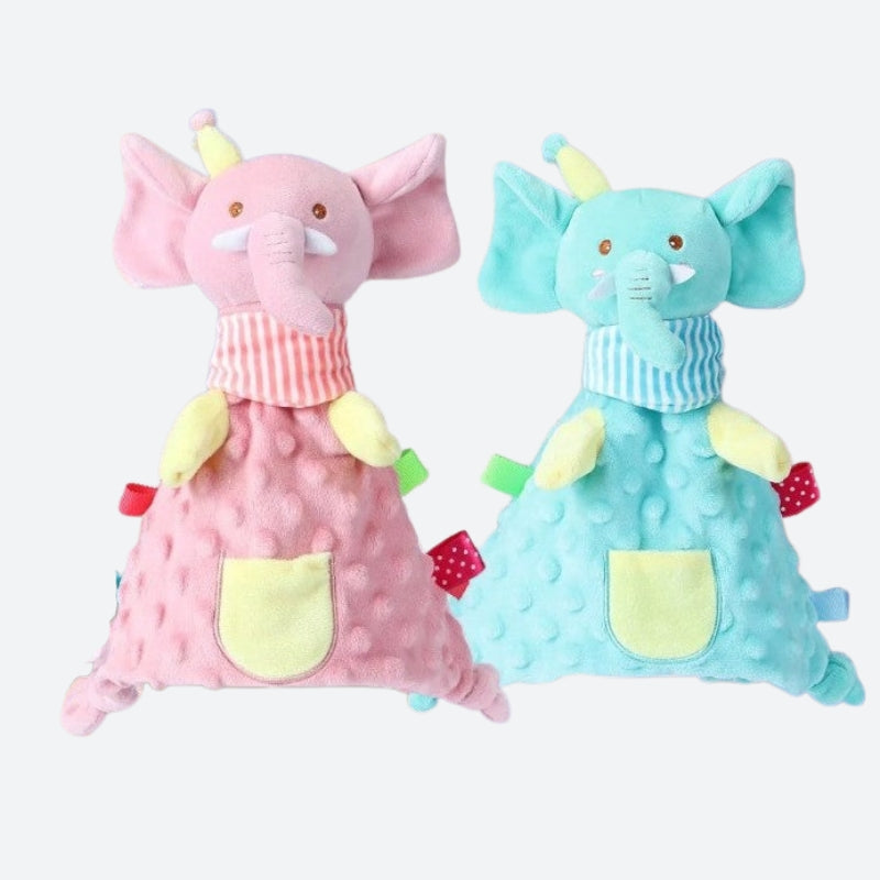 doudou éléphant rose et bleu sur fond gris