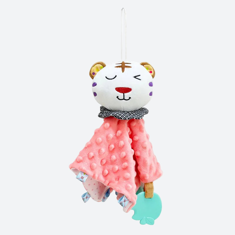 doudou peluche tigre au corps carré plat rose