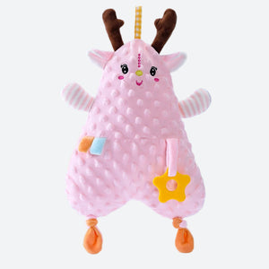 doudou cerf rose à tissu tout doux et anneau de dentition orange