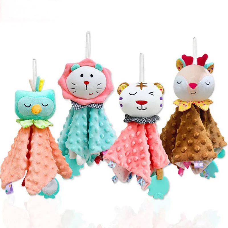 doudou hiboux orange à tête bleu, doudou lion blieu à tête blanche et crinière rose, doudou tigre rose à tête blanche, et doudou biche marron à tête crème