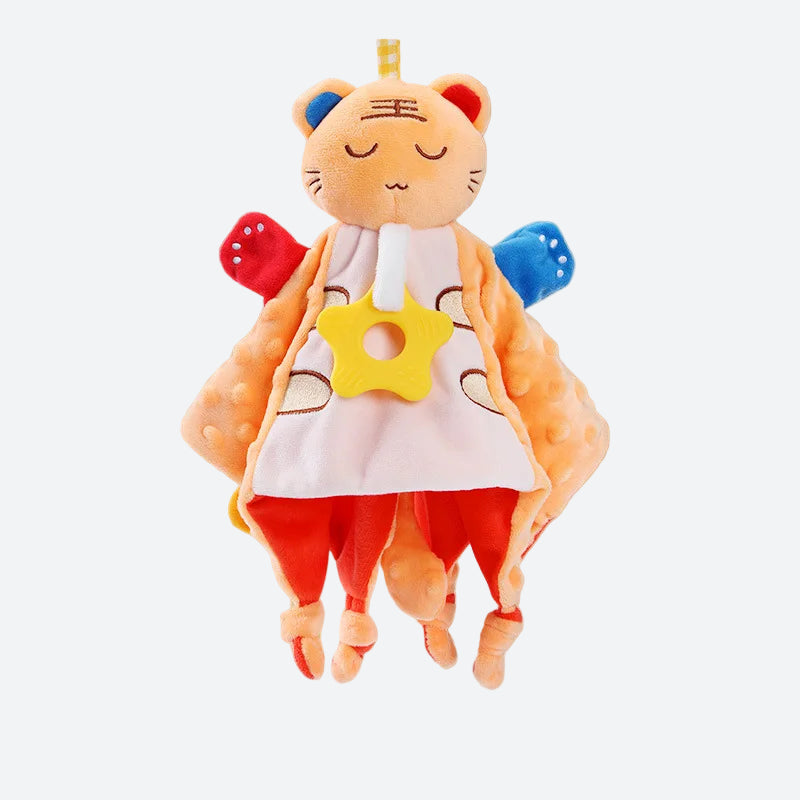 doudou chat orange, rouge et blanc avec les pattes et les oreilles rouge et bleu avec les yeux fermés