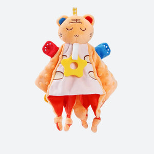 doudou chat orange, rouge et blanc avec les pattes et les oreilles rouge et bleu avec les yeux fermés