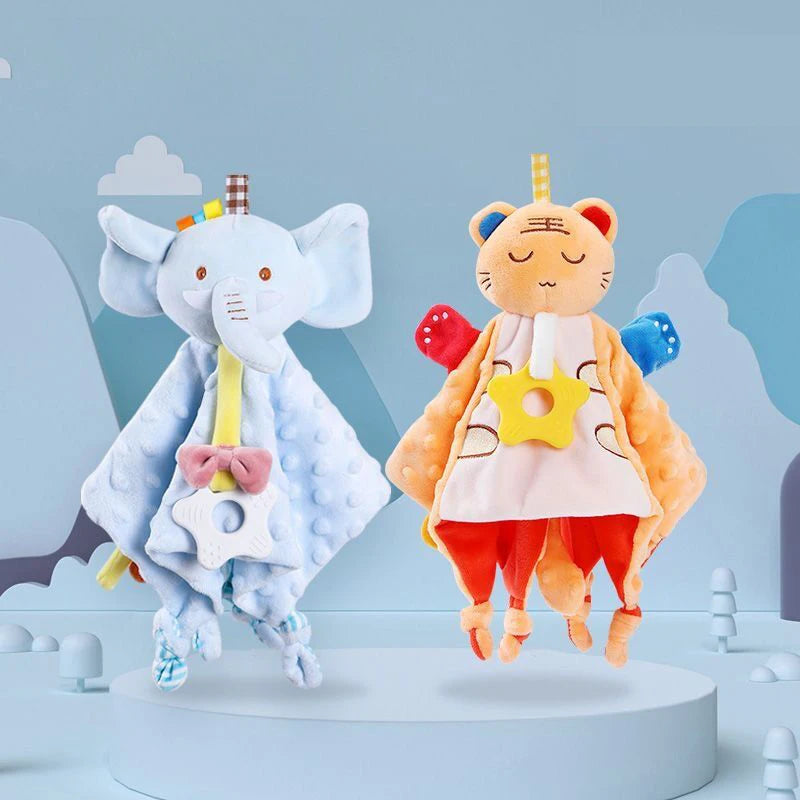 doudou éléphant bleu doudou chat orange, rouge et blanc avec les pattes et les oreilles rouge et bleu avec les yeux fermés Image