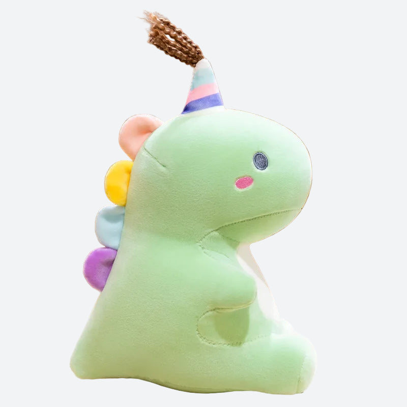 peluche dinosaure licorne verte avec pompons et crête multicolore