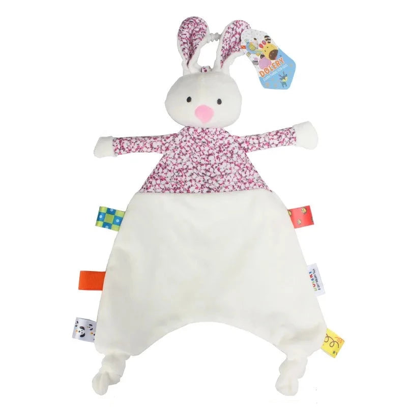 doudou lapin blanc avec étiquettes, t-shirt à fleur rose et anneau de suspension. doudou lapin/ doudou blanc/ doudou plat/ doudou peluche/ doudou étiquettes/ doudou garçon / doudou tout doux/ doudou fille / doudou bébé / doudou rose