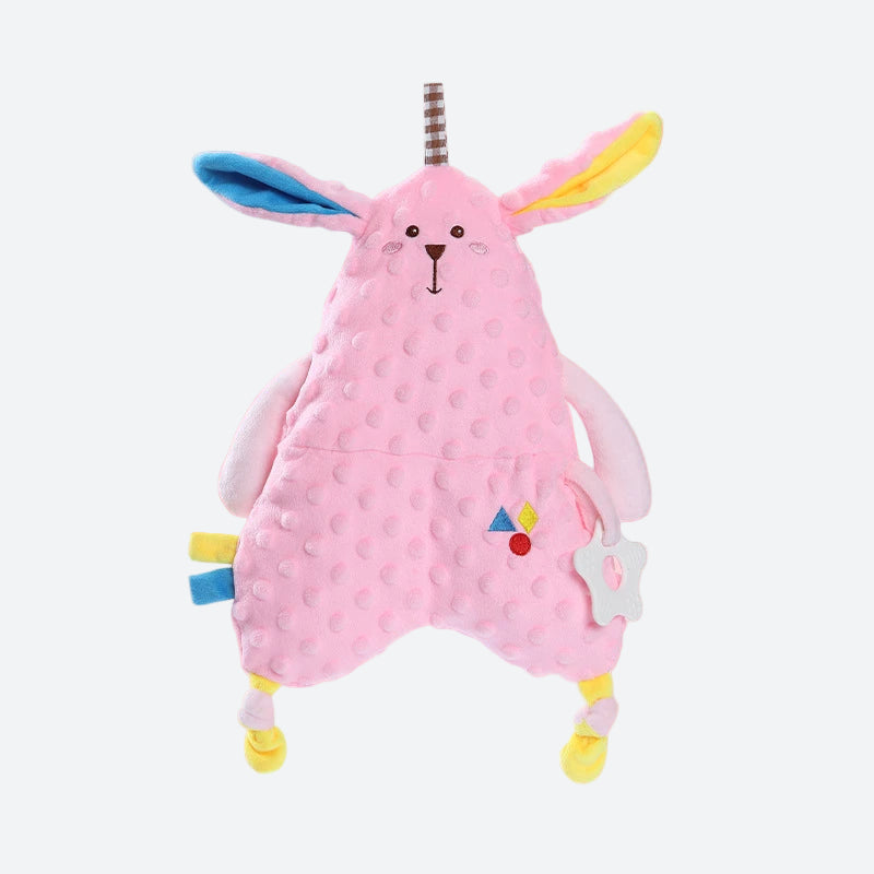Doudou lapin rose avec oreilles jaunes et bleues avec anneau de dentition en silicone blanc