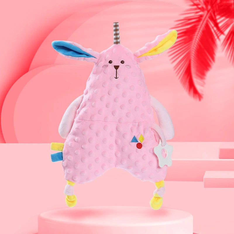 Doudou lapin rose avec oreilles jaunes et bleues avec anneau de dentition en silicone blanc