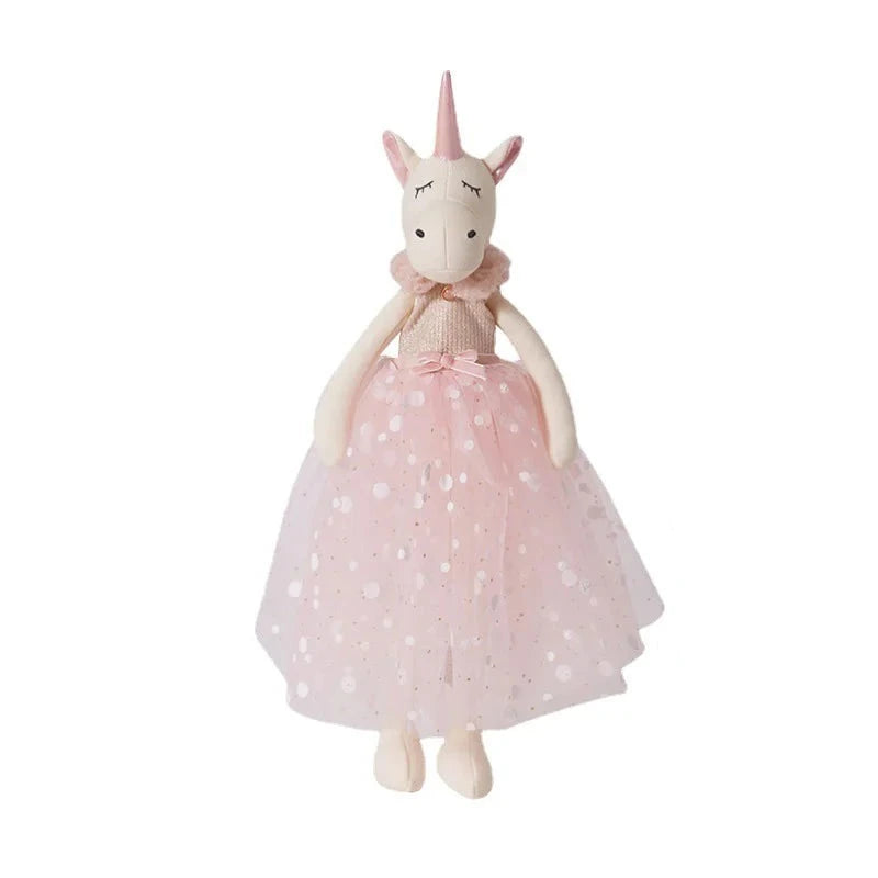 doudou peluche licorne fée en robe à rond brillant avec ceinture de satin rose avec noeud, haud côtelé rose avec fourrure rose en col Image