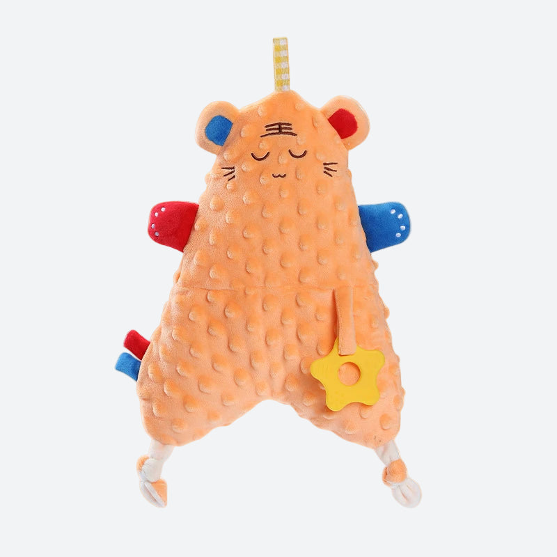 doudou ours orange avec main et oreilles rouge et bleues avec anneau de dentition en silicone jaune