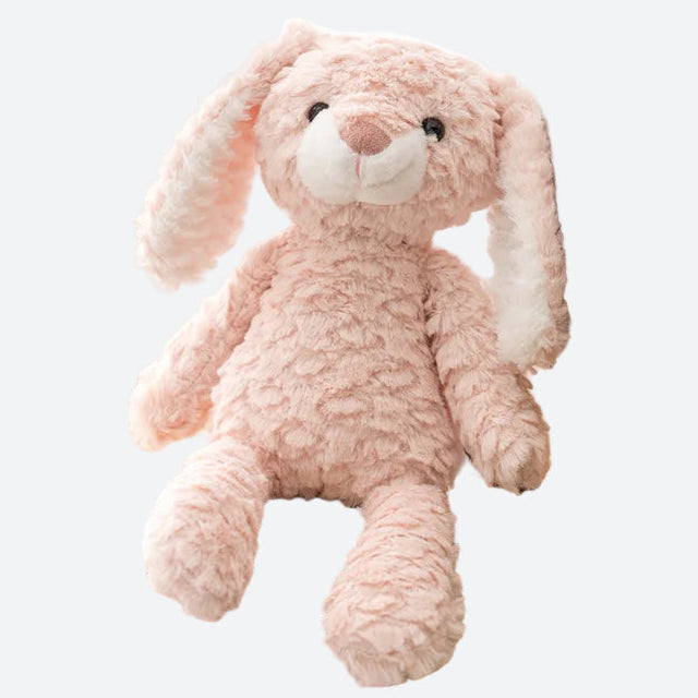 peluche lapin rose au pelage gauffré