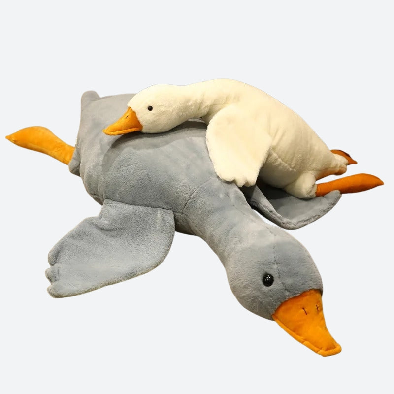 Peluche oie kawaii blanche et grise sur fond gris