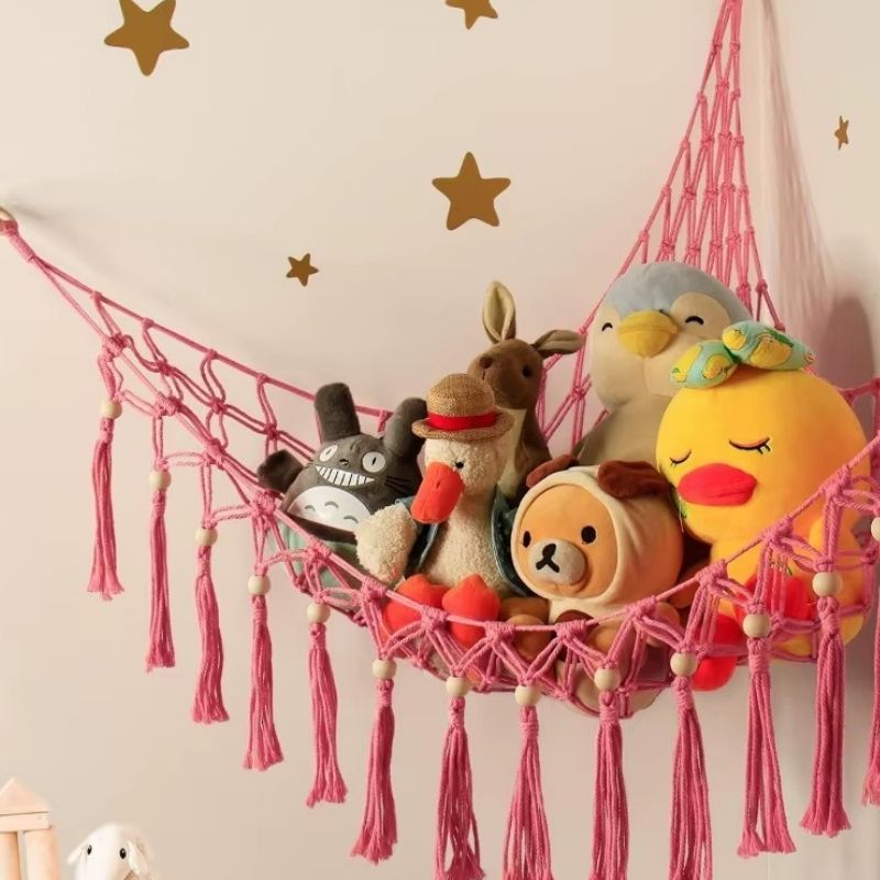 Rangement Doudou Macramé Grand Filet Bohème Rose