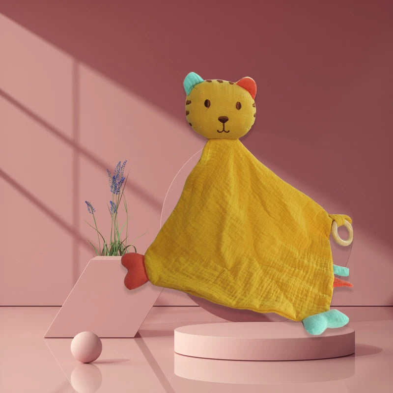 Doudou Tigre en gaze de cotonPalette de couleurs vibrantesCarré, plat et douxAnneau de dentition en bois Image