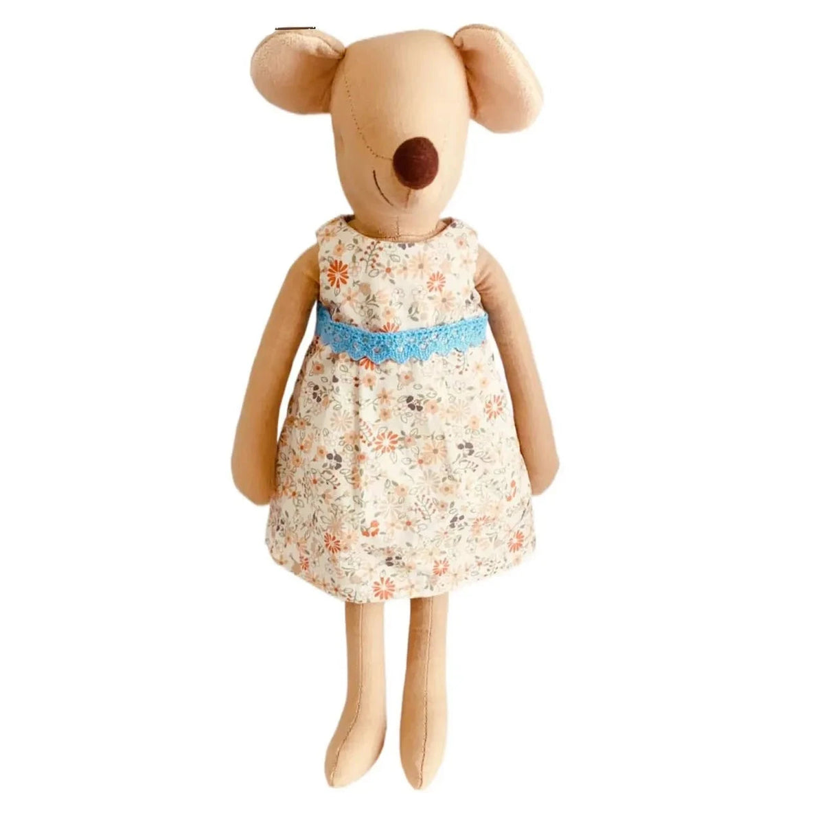 Découvrez MONICA, la souris en peluche adorable vêtue d'une robe à fleurs. Mesurant 35 cm, cette peluche douce et câline est parfaite pour les câlins et les jeux imaginatifs. Image