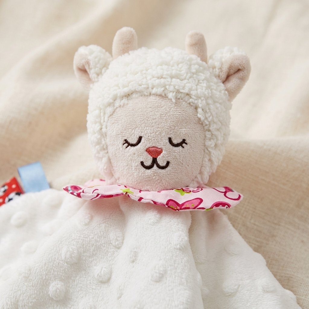 Détail de la tête bouclée du doudou mouton