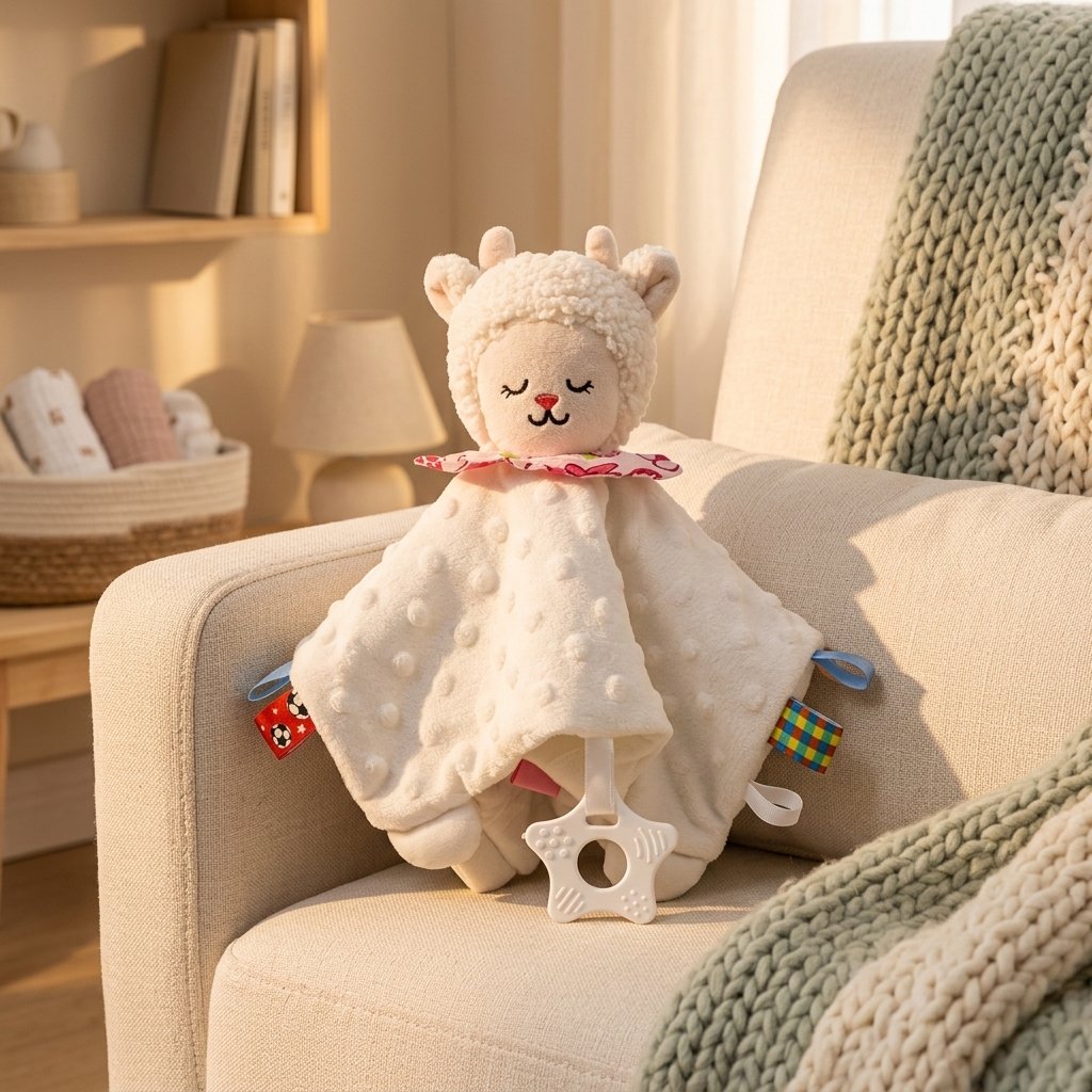 Doudou mouton blanc sur un fauteuil
