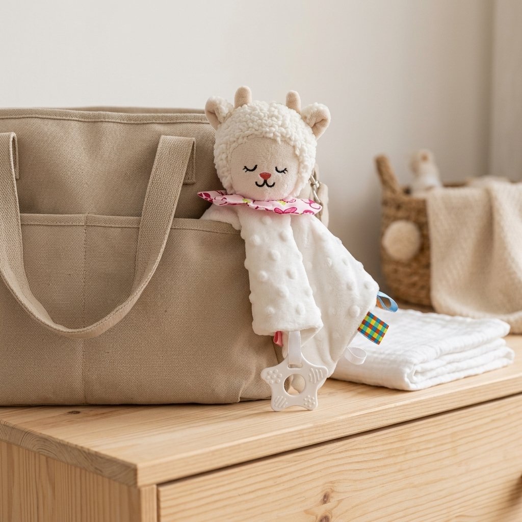 Doudou mouton devant un sac à langer