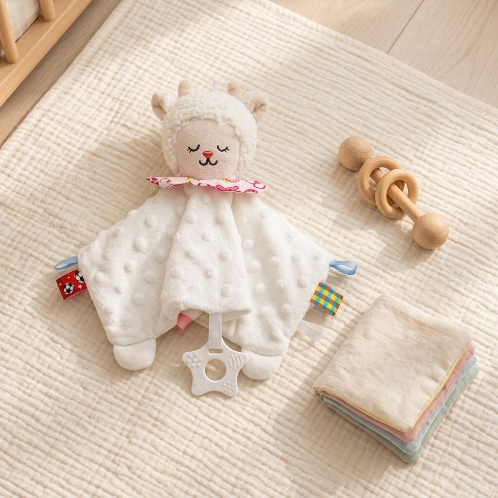 Doudou mouton sur un tapis de jeu