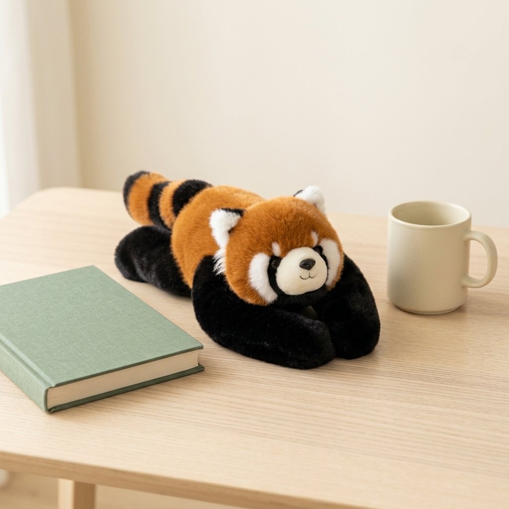 Peluche panda roux allongée à côté d'un livre pour montrer sa taille