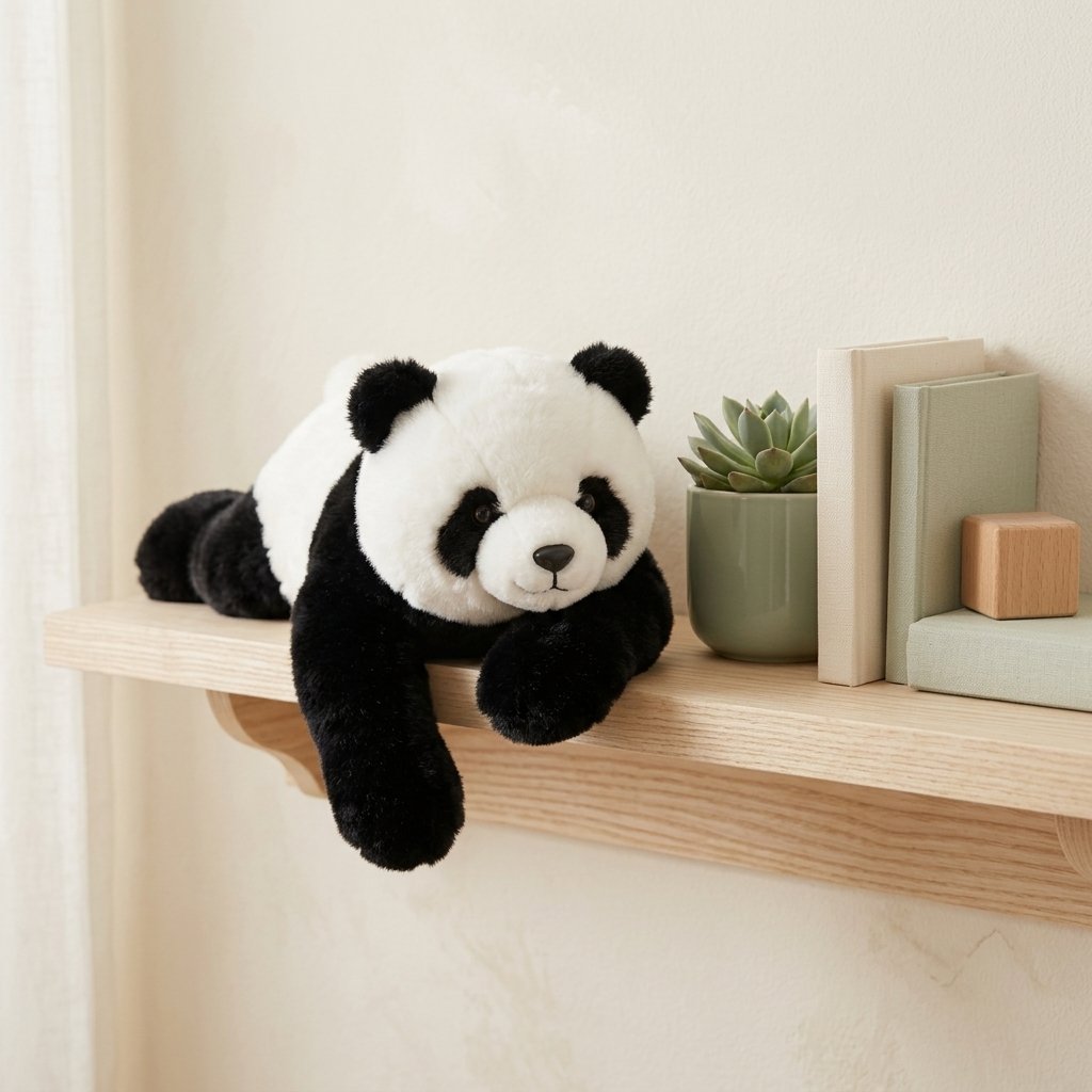 Peluche panda allongée au bord d'une étagère Image