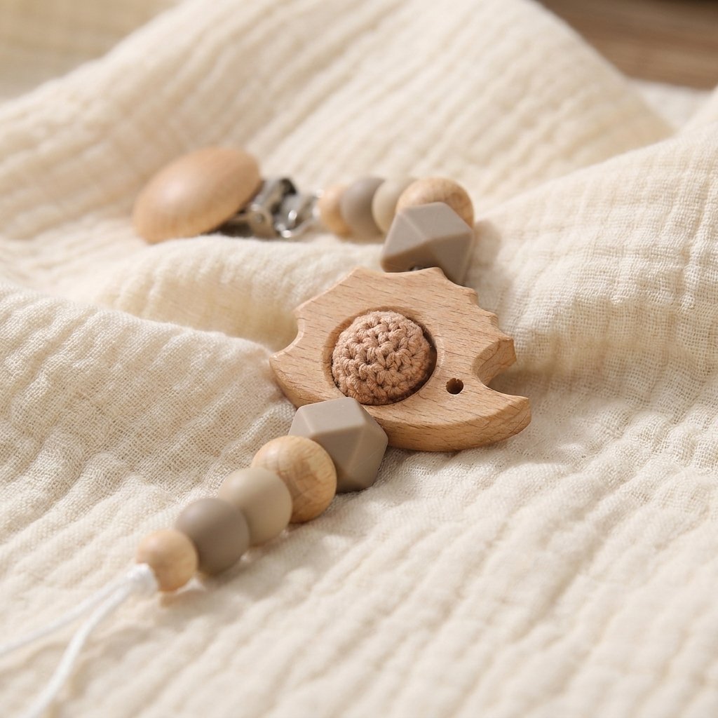 Détail du hérisson en bois et de sa perle au crochet