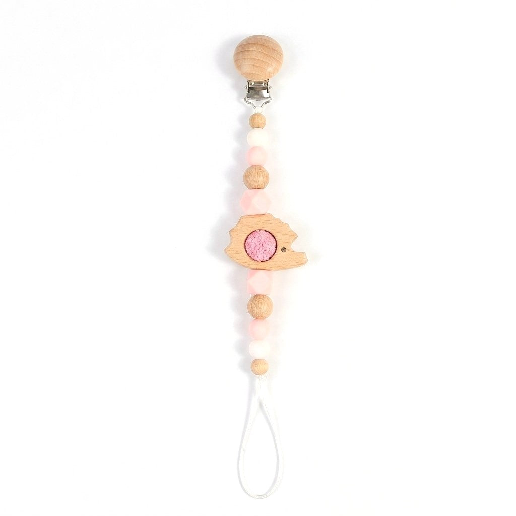 Attache-tétine hérisson en bois, perles silicone rose