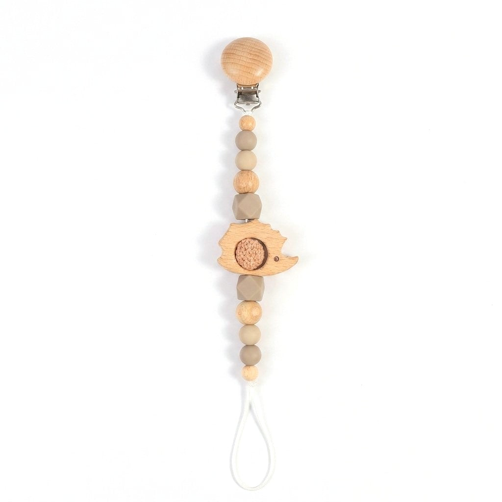 Attache-tétine hérisson en bois, perles silicone taupe
