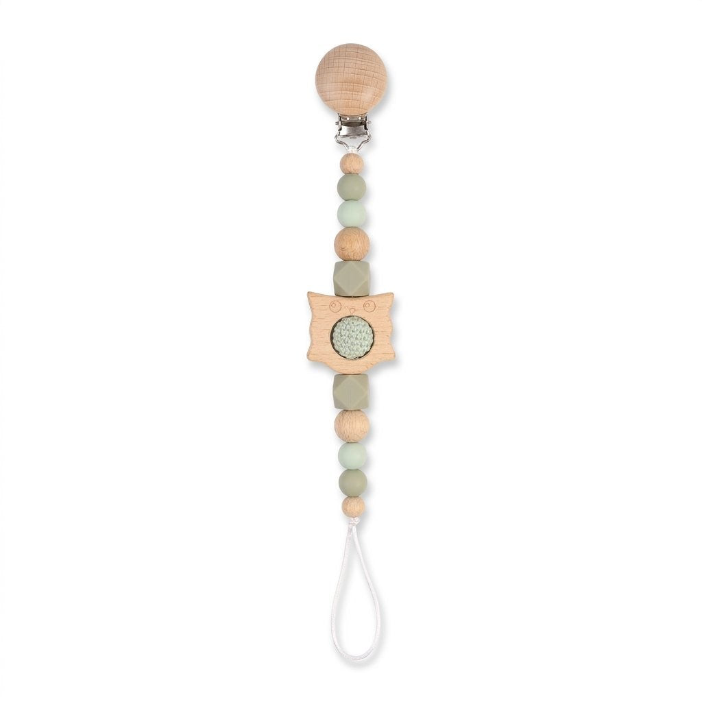 Attache-tétine hibou en bois, perles silicone sauge