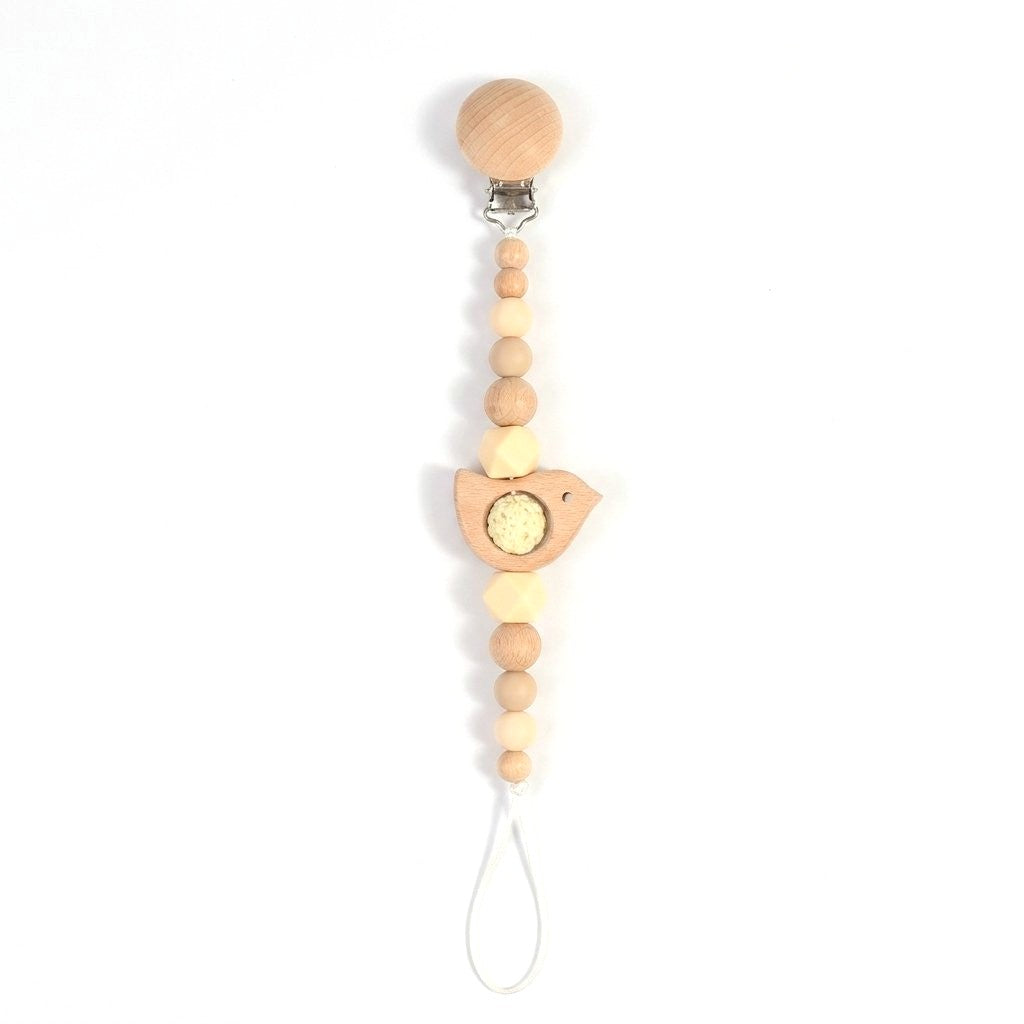 Attache-tétine oiseau en bois, perles silicone beige