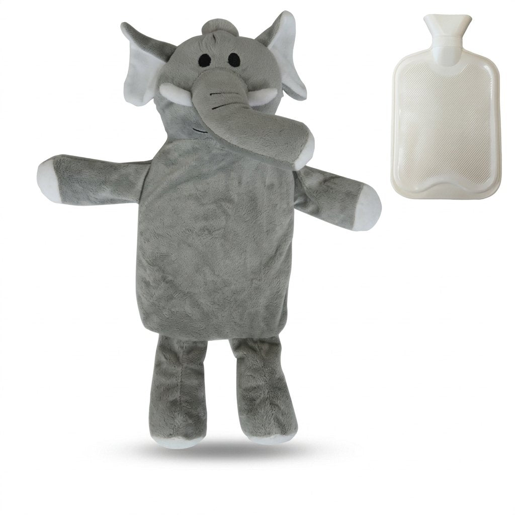 Housse de bouillotte éléphant gris en peluche et sa bouillotte