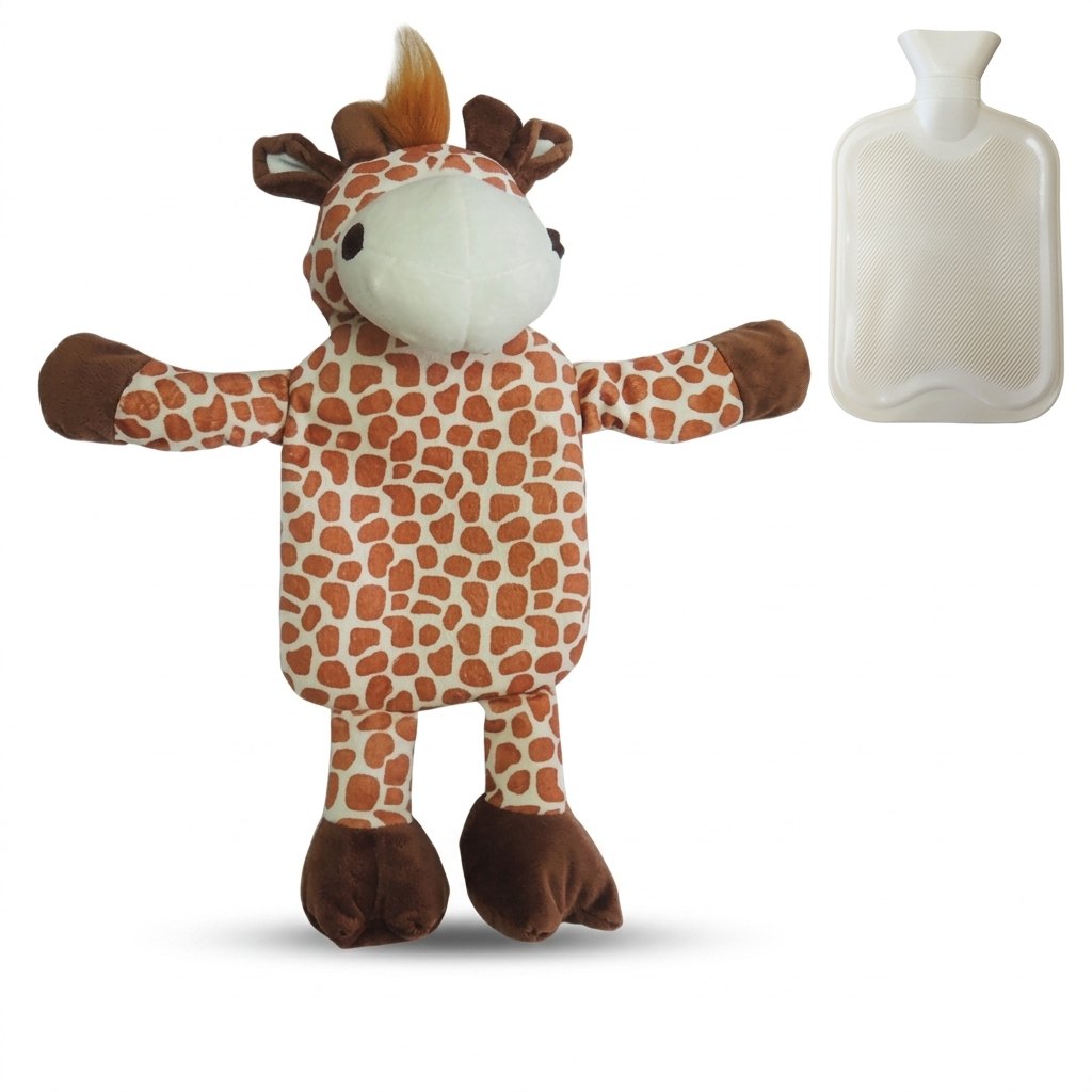 Housse de bouillotte girafe en peluche et sa bouillotte en caoutchouc