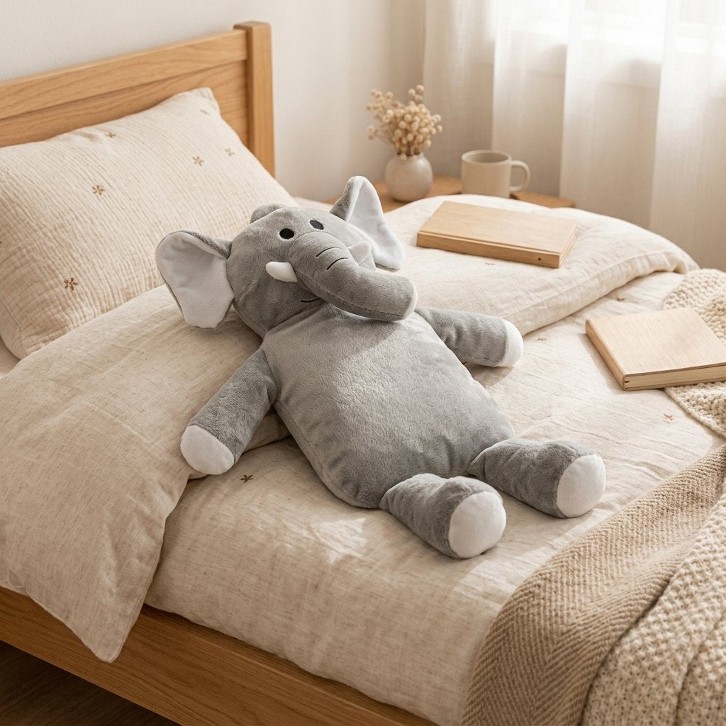 Bouillotte éléphant sur la couette d’un lit d’enfant
