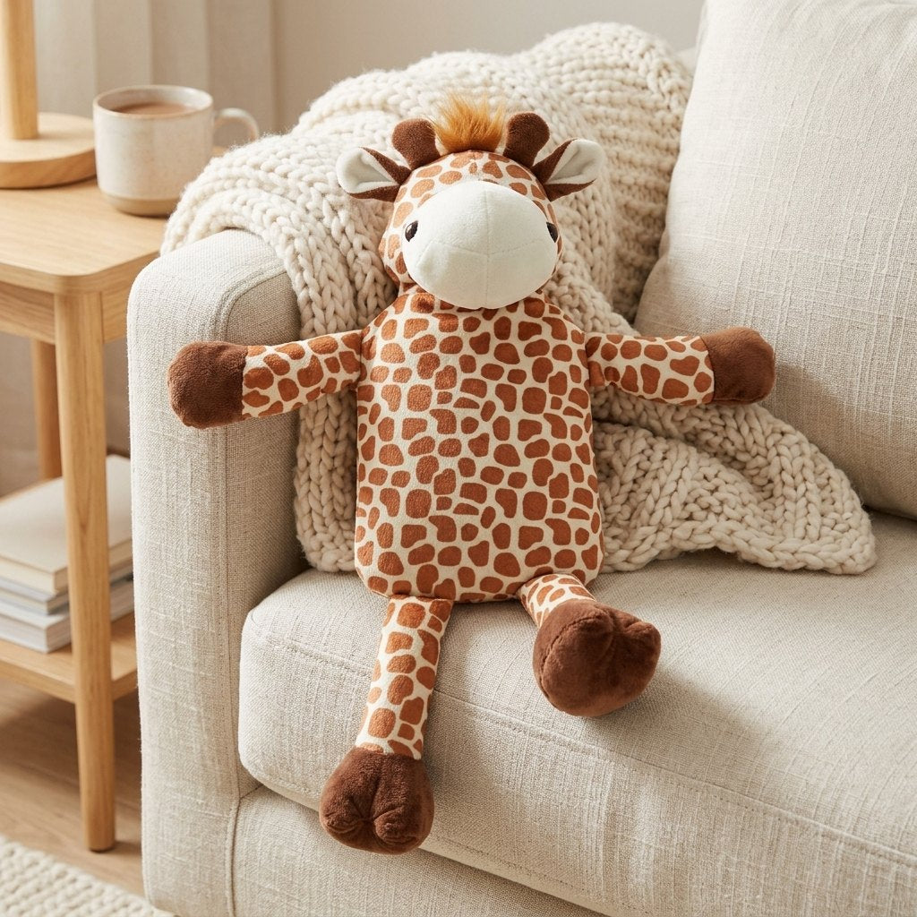 Bouillotte girafe assise sur un canapé en lin