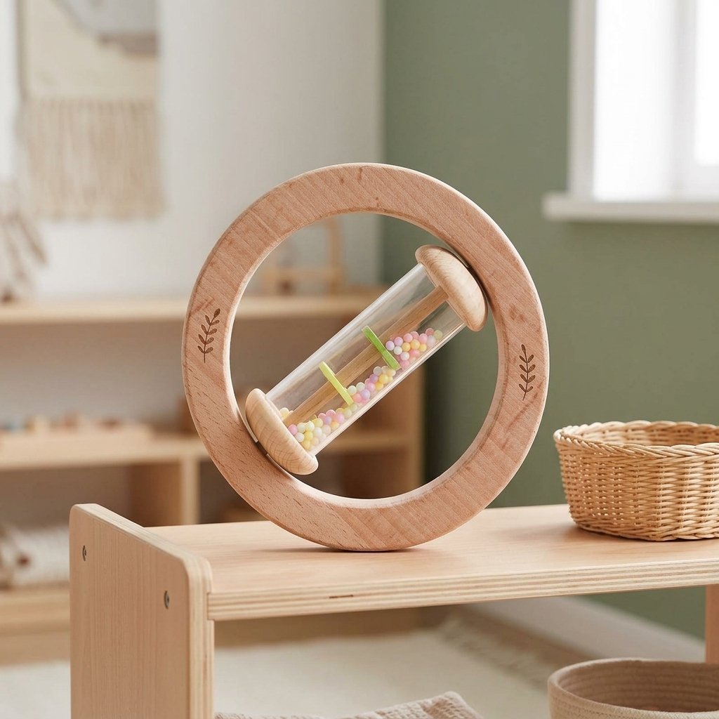 Hochet anneau sur une étagère basse en bois