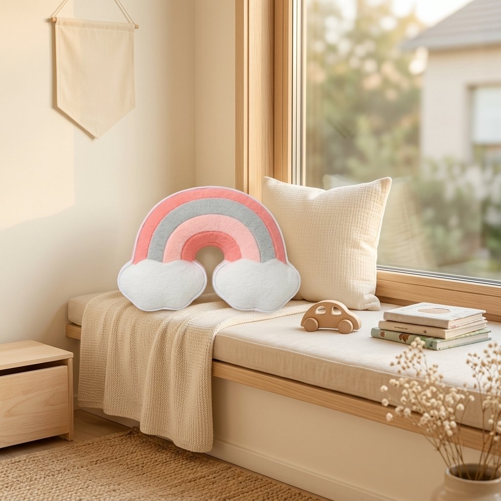 Coussin arc-en-ciel rose et gris sur une banquette