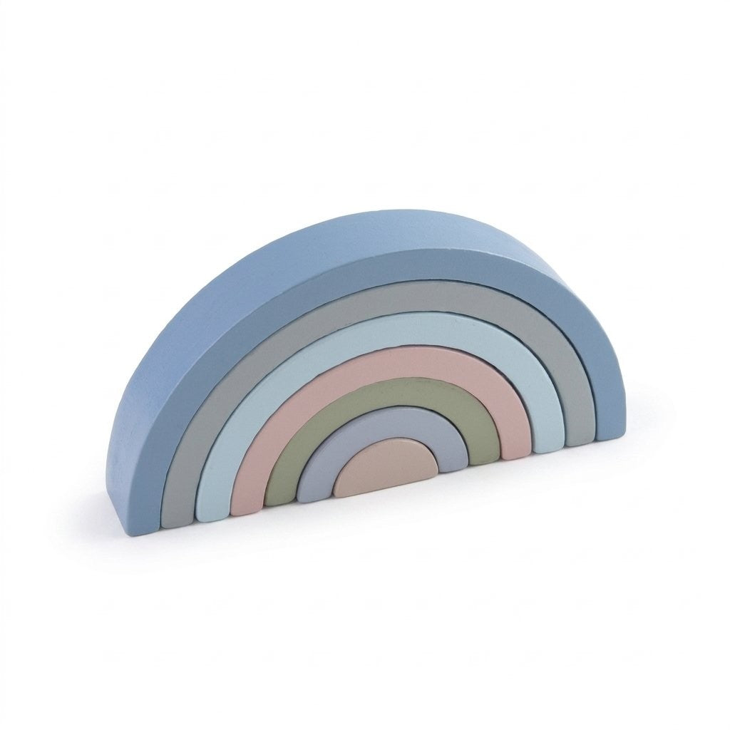 Petit arc-en-ciel empilable en bois, bleu gris et taupe