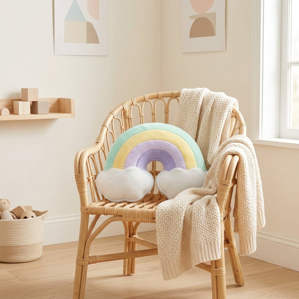 Coussin arc-en-ciel sur un fauteuil en rotin Image