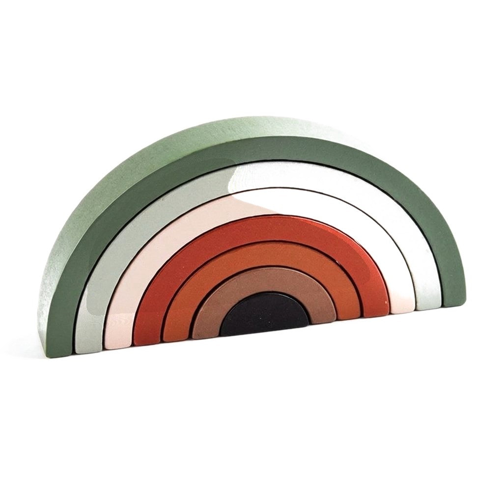 Petit arc-en-ciel empilable en bois, vert forêt et rose